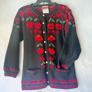 Vintage Floral Cardigan Phyllis OMeara Black & Red Floral Pattern Sweater Size P